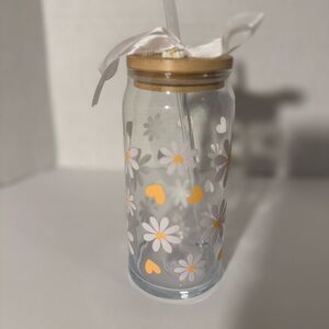 Floral Glass Tumbler with Straw